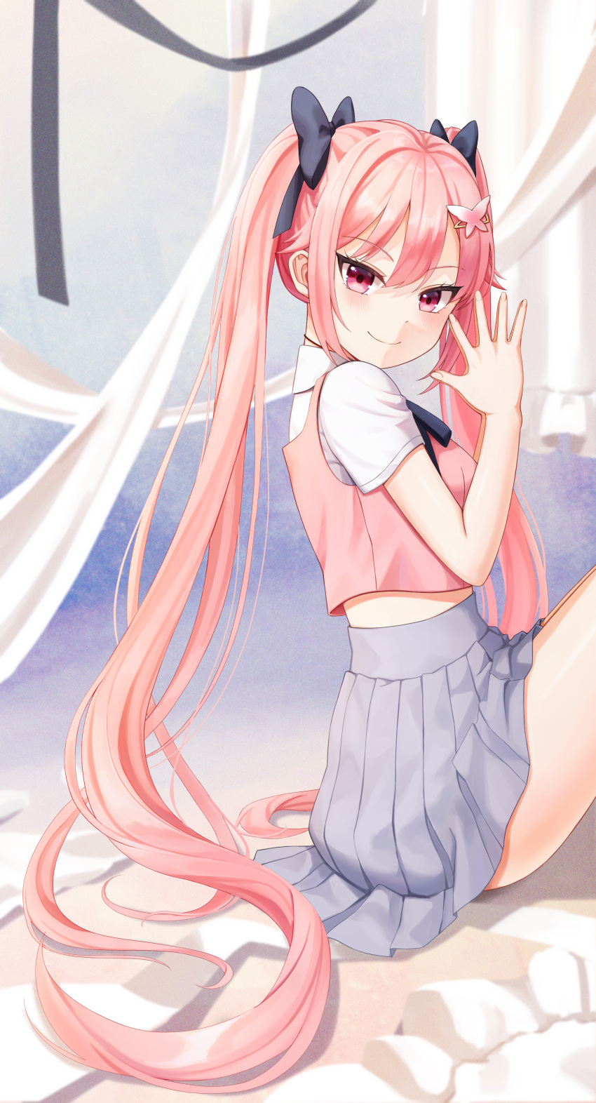 1girl absurdres bow breasts closed_mouth crop_top from_side grey_skirt hair_bow hair_ornament hairclip hand_up high-waist_skirt highres indie_virtual_youtuber legs_up long_hair looking_at_viewer looking_to_the_side midriff miniskirt pink_hair pink_shirt pleated_skirt pul_(gks569) red_eyes ronarona shirt short_sleeves sidelocks sitting skirt small_breasts smile solo thighs twintails undershirt very_long_hair virtual_youtuber white_shirt