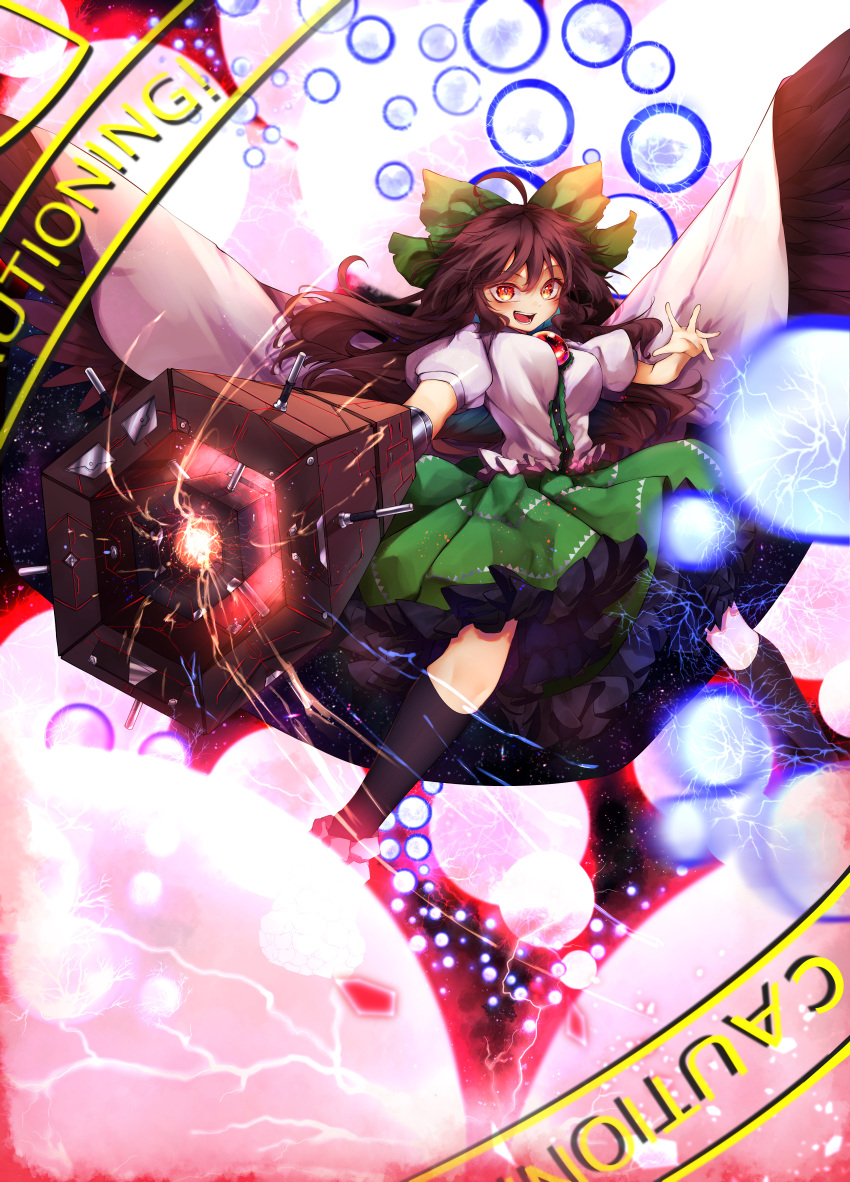 1girl :d absurdres arm_cannon black_hair black_legwear bow breasts brown_hair calpis118 cape danmaku foreshortening hair_bow highres long_hair looking_at_viewer open_mouth perspective red_eyes reiuji_utsuho shirt skirt smile solo thigh-highs touhou weapon wings