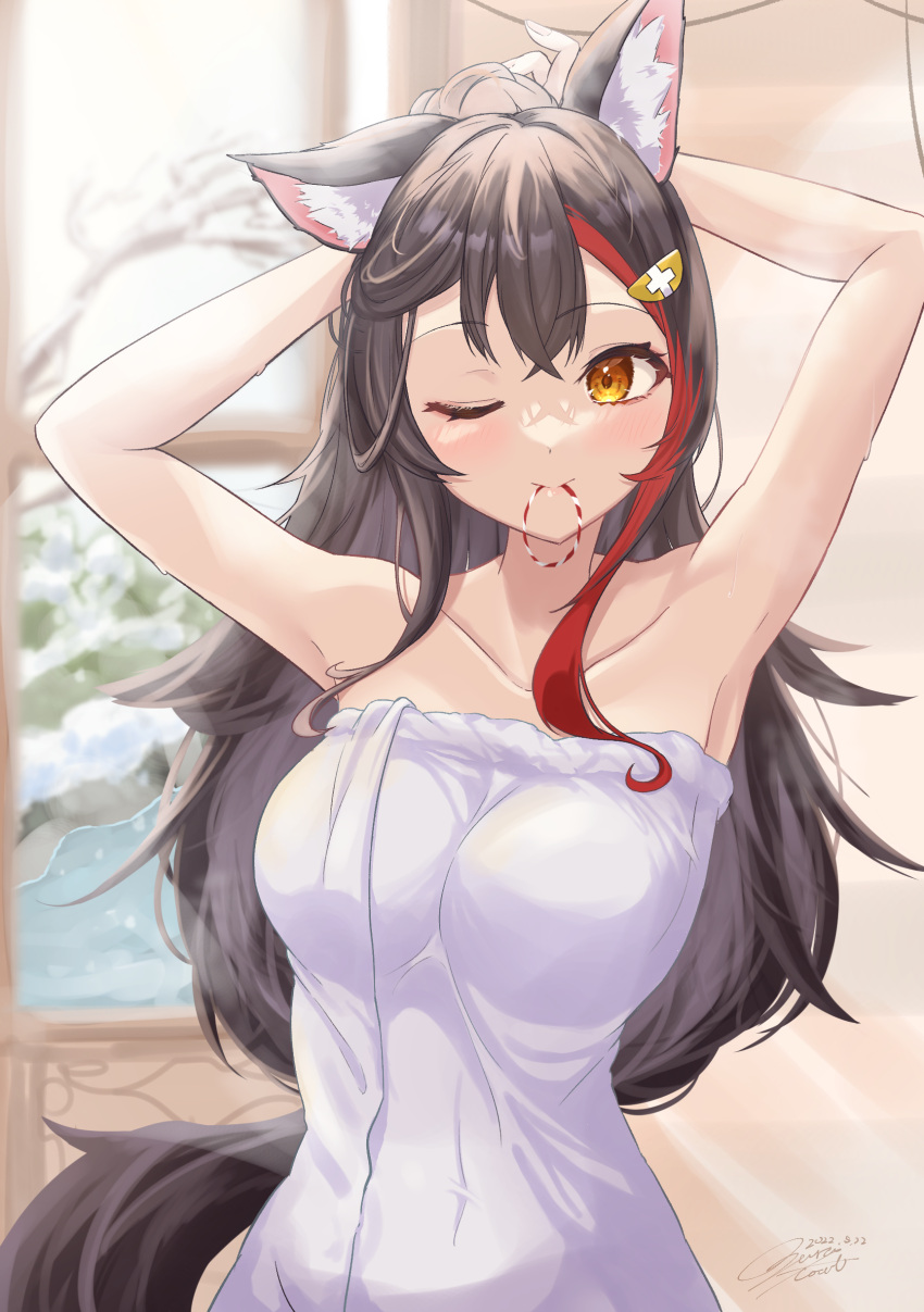 1girl absurdres animal_ear_fluff animal_ears armpits arms_up bangs bare_arms black_hair blush breasts closed_mouth collarbone dated hair_ornament hair_tie hair_tie_in_mouth highres hololive long_hair looking_at_viewer medium_breasts mouth_hold multicolored_hair naked_towel ogura_toast one_eye_closed ookami_mio orange_eyes redhead signature solo streaked_hair tail towel tying_hair upper_body virtual_youtuber wet white_towel wolf_ears wolf_girl wolf_tail