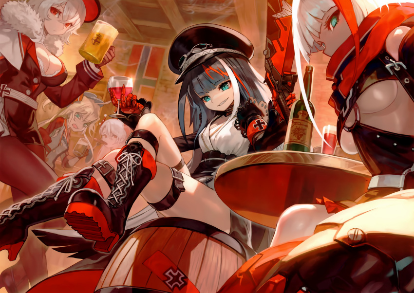 5girls admiral_graf_spee_(azur_lane) admiral_hipper_(azur_lane) azur_lane barrel beer_mug black_gloves black_hair blue_eyes boots breasts cropped cross-laced_footwear crossed_legs cup deutschland_(azur_lane) drinking_glass drunk dutch_angle fur_trim gauntlets gloves graf_zeppelin_(azur_lane) green_eyes grin gunblade hat headgear highres indoors lack looking_at_viewer medium_breasts military_hat mouth_hold mug multicolored_hair multiple_girls official_art pantyhose prinz_eugen_(azur_lane) red_eyes redhead scan sharp_teeth sitting smile streaked_hair table teeth thigh_strap tsurime two_side_up under_boob weapon white_hair wine_glass