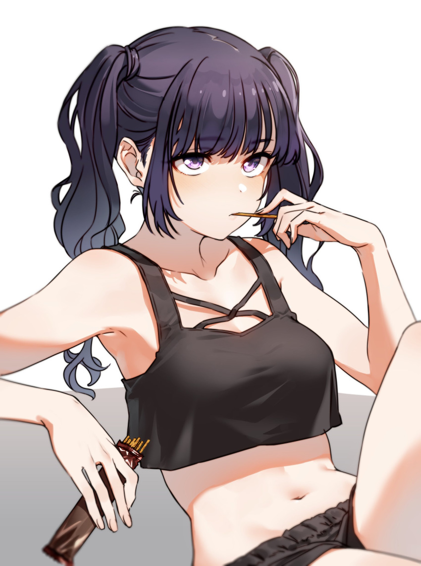 1girl absurdres bangs bare_arms bare_shoulders black_shorts black_tank_top breasts closed_mouth collarbone cowboy_shot crop_top crop_top_overhang eating eyebrows_visible_through_hair fingernails food food_in_mouth grey_background hair_between_eyes hand_up highres holding holding_food holding_pocky kakaobataa knee_up light_blush long_hair looking_away medium_breasts midriff navel original pocky purple_hair short_shorts shorts sidelocks sitting solo stomach tank_top twintails two-tone_background violet_eyes white_background