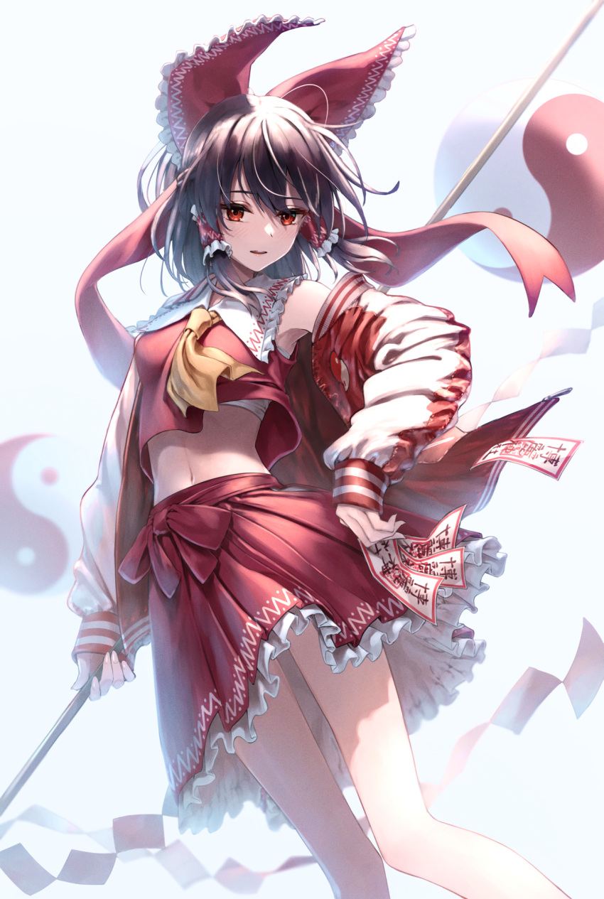 1girl bangs bare_shoulders bow brown_hair frilled_bow frilled_hair_tubes frilled_shirt_collar frilled_skirt frills gohei greenkohgen hair_bow hair_ribbon hair_tubes hakurei_reimu hand_on_hip highres holding_gohei jacket knees_together_feet_apart long_sleeves looking_at_viewer midriff off_shoulder open_mouth orb red_bow red_eyes red_jacket red_ribbon red_skirt red_vest ribbon sarashi short_hair skirt solo talisman touhou vest waist_bow yin_yang yin_yang_orb yin_yang_print