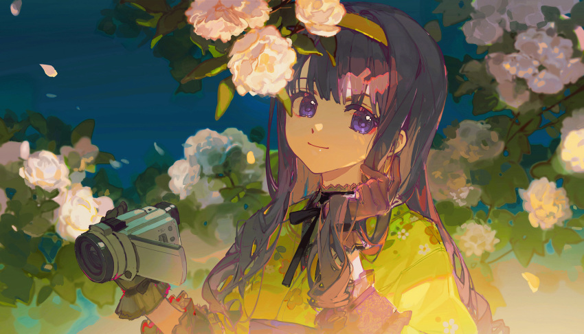 1girl black_gloves black_ribbon camera cardcaptor_sakura ciloranko closed_mouth daidouji_tomoyo flower frilled_gloves frills gloves hairband hand_in_own_hair highres holding holding_camera holding_hair long_hair outdoors patterned_clothing petals purple_hair ribbon see-through smile solo upper_body violet_eyes white_flower yellow_hairband