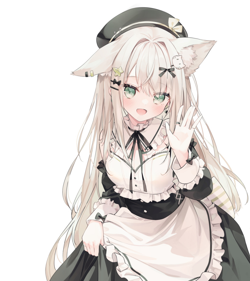 1girl :d animal_ear_fluff animal_ears apron beret black_bow black_dress black_headwear black_sleeves blush bow cat_hair_ornament chen_bin commentary_request detached_sleeves dress fang frilled_apron frills green_eyes hair_intakes hair_ornament hand_up hat highres long_hair long_sleeves looking_at_viewer original puffy_long_sleeves puffy_sleeves safety_pin simple_background skirt_hold smile solo very_long_hair white_apron white_background white_hair