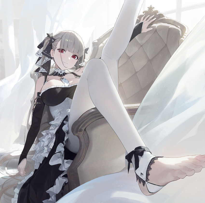 1girl azur_lane bangs black_dress black_ribbon breasts bridal_gauntlets closed_mouth couch dress eyebrows_visible_through_hair feet formidable_(azur_lane) frilled_dress frills grey_hair hair_ribbon highres large_breasts leg_up long_hair looking_at_viewer lying modare no_shoes on_back on_couch pantyhose red_eyes ribbon solo stirrup_legwear toeless_legwear toes twintails very_long_hair white_legwear