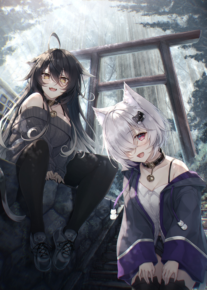 2girls :3 :d absurdres ahoge animal_ear_fluff animal_ears bangs bell black_collar black_hair black_jacket black_legwear blush breasts cat_ears cat_hair_ornament collar commentary_request day eyebrows_visible_through_hair fang forest grey_hair grey_sweater hair_between_eyes hair_ornament hair_over_one_eye hasumi_(hasubatake39) highres jacket jingle_bell kuon_(hasumi_(hasubatake39)) leaning_forward long_hair long_sleeves looking_at_viewer micro_shorts multicolored_hair multiple_girls nature neck_bell off-shoulder_sweater off_shoulder open_clothes open_jacket original outdoors pantyhose red_eyes setsuna_(hasumi_(hasubatake39)) shirt shoes short_hair shorts single_bare_shoulder smile streaked_hair sweater thigh-highs torii very_long_hair white_hair white_shirt wide_sleeves yellow_eyes