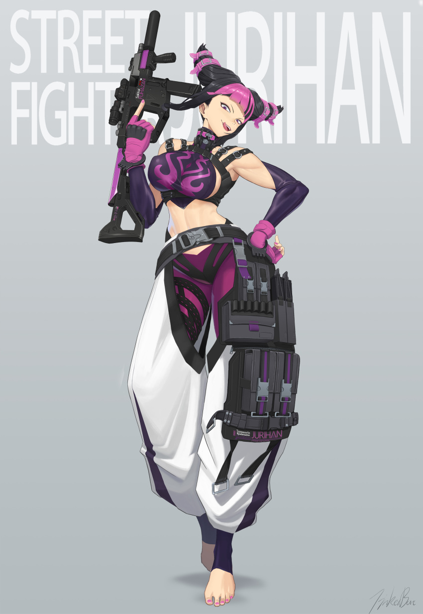1girl absurdres artist_name barefoot breasts chaps cone_hair_bun crop_top english_commentary fingerless_gloves gloves gun han_juri highres holding holding_gun holding_weapon kriss_vector large_breasts leaning_to_the_side leggings midriff nail_polish pants pink_gloves pink_nails purple_legwear smile solo street_fighter street_fighter_v submachine_gun tinkerbat_(tinkerb4t) toenail_polish toenails trigger_discipline weapon white_pants