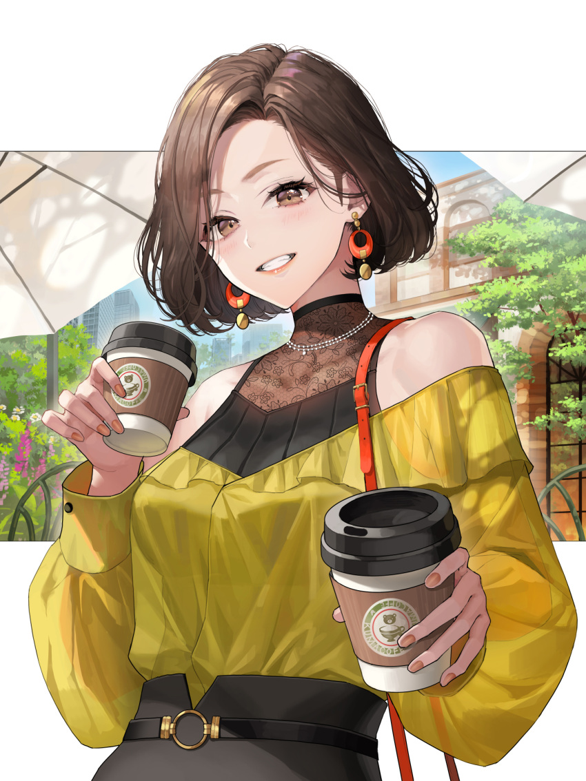 1girl bare_shoulders black_skirt breasts brown_eyes brown_hair brown_nails coffee_cup commentary_request cup disposable_cup earrings forehead grin highres holding holding_cup jewelry looking_at_viewer medium_breasts nail_polish off-shoulder_shirt off_shoulder okuma_mai original shirt short_hair skirt smile solo thick_eyebrows yellow_shirt