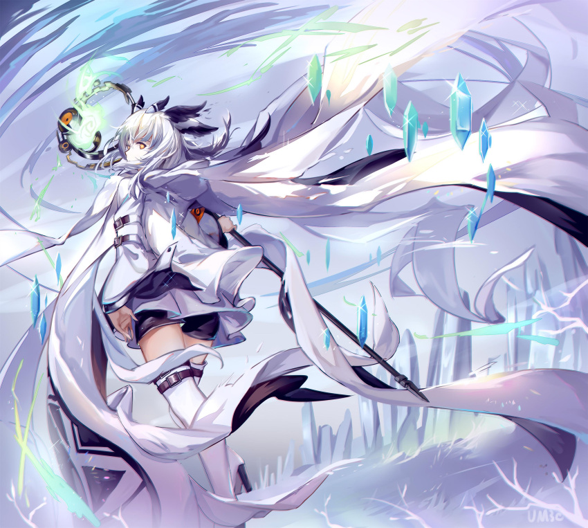 1girl absurdres arknights armband belt boots branch coat crystal feet_out_of_frame floating floating_clothes floating_object highres holding holding_staff ice_crystal long_sleeves looking_back orange_eyes ptilopsis_(arknights) rhine_lab_logo shorts solo staff thigh_boots white_coat white_hair white_legwear wind yusan