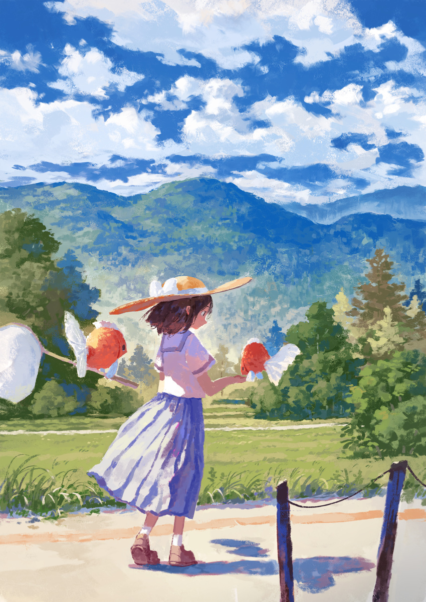 1girl animal blue_skirt bow brown_eyes brown_footwear brown_hair brown_headwear clouds commentary day fish fjsmu flying_fish forest goldfish grass hand_net hat hat_bow hat_ribbon highres landscape loafers mountainous_horizon nature original outdoors oversized_animal pleated_skirt profile ribbon road sailor_collar school_uniform serafuku shirt shoes short_hair short_sleeves skirt sky socks straw_hat sun_hat tree white_bow white_legwear white_sailor_collar white_shirt