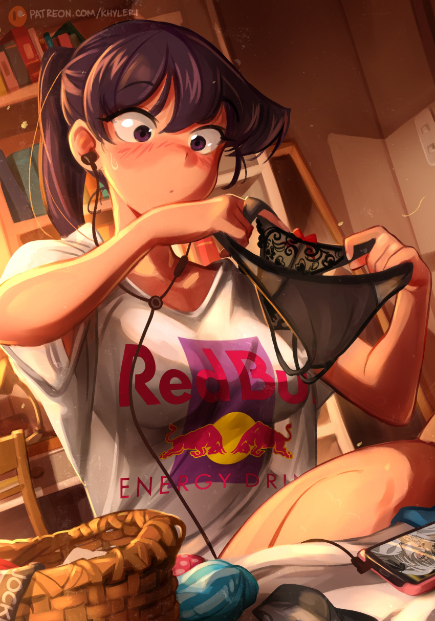 1girl absurdres armpit_peek bangs black_hair black_panties blush book bookshelf bow bow_panties breasts cellphone chair closed_mouth collarbone commentary desk dot_mouth dutch_angle earphones earphones english_commentary hair_between_eyes highres holding holding_clothes holding_panties holding_underwear indoors khyle. komi-san_wa_komyushou_desu komi_shouko lace lace_panties laundry_basket light_switch long_hair looking_at_object medium_breasts mirror oversized_clothes oversized_shirt panties panties_removed patreon_username phone ponytail print_shirt red_bow red_bull see-through_silhouette shirt short_sleeves sidelocks sitting smartphone solo underwear violet_eyes white_shirt