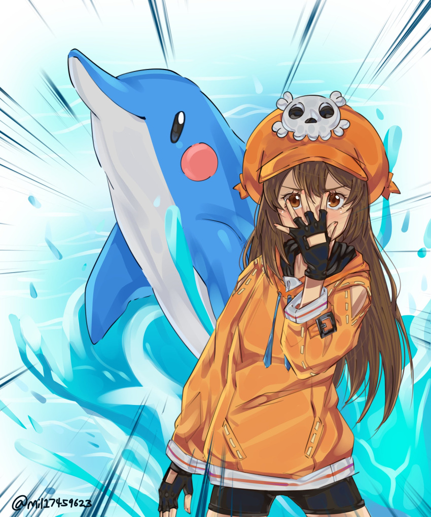 1girl 1other absurdres animal bike_shorts black_gloves black_shorts covering_mouth dolphin emphasis_lines facing_viewer fingerless_gloves flat_chest gloves guilty_gear guilty_gear_strive hat highres hood hood_down hoodie jojo_no_kimyou_na_bouken jojo_pose long_hair looking_at_viewer may_(guilty_gear) mil17459623 orange_headwear orange_hoodie parody pirate_hat pose shorts skull_and_crossbones solo_focus water