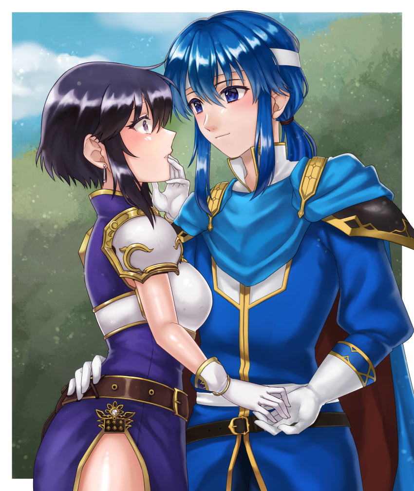 1boy 1girl absurdres armor belt black_hair blue_cape blue_eyes blue_hair blush border breastplate cape commission dress earrings eye_contact fire_emblem fire_emblem:_genealogy_of_the_holy_war gloves hand_on_another's_hip hazuki_(nyorosuke) headband highres holding_hands jewelry larcei_(fire_emblem) long_sleeves looking_at_another medium_hair outdoors ponytail purple_dress seliph_(fire_emblem) short_hair_with_long_locks shoulder_armor side_slit skeb_commission smile violet_eyes white_border white_gloves white_headband