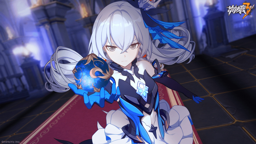 1girl bare_shoulders black_gloves blue_dress blue_gloves bronya_zaychik bronya_zaychik_(herrscher_of_reason) clothing_cutout crown dress drill_hair earrings elbow_gloves gloves grey_eyes grey_hair highres honkai_(series) honkai_impact_3rd indoors jewelry long_hair looking_at_viewer multicolored_clothes multicolored_dress multicolored_gloves navel navel_cutout official_art sleeveless sleeveless_dress