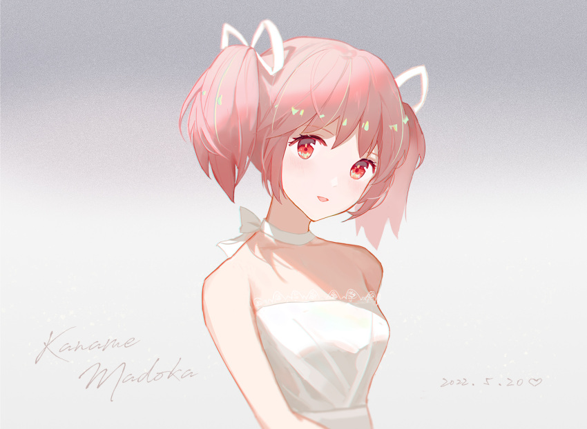 1girl alternate_costume arms_at_sides bare_arms bare_shoulders breasts character_name choker chromatic_aberration collarbone dress eyebrows_visible_through_hair eyelashes grey_background hair_ribbon head_tilt kaname_madoka lace lace-trimmed_dress lace_trim light_blush light_smile looking_at_viewer mahou_shoujo_madoka_magica parted_lips pink_eyes pink_hair ribbon ribbon_choker shade shiny shiny_hair short_twintails simple_background small_breasts solo strapless strapless_dress sukero tareme twintails upper_body white_choker white_dress white_ribbon