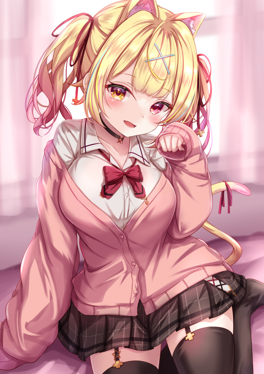 1girl animal_ear_fluff animal_ears bangs black_choker blonde_hair blush bow bowtie breasts brown_legwear brown_skirt cat_ears cat_tail choker extra_ears eyebrows_visible_through_hair fang garter_straps gradient_hair hair_ornament hair_ribbon hand_up highres hoshikawa_sara jacket large_breasts long_sleeves looking_at_viewer multicolored_hair nijisanji on_bed open_mouth partially_unbuttoned paw_pose pink_hair pink_jacket plaid plaid_skirt red_bow red_bowtie red_eyes red_ribbon ribbon shirt sitting sitting_on_bed skirt sleeves_past_wrists solo tail tail_ornament tail_ribbon thigh-highs twintails virtual_youtuber white_shirt x_hair_ornament yellow_eyes yuano