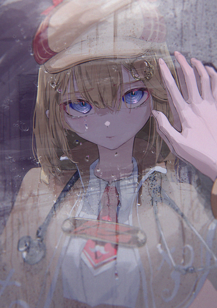 1girl absurdres blonde_hair blue_eyes closed_mouth collared_shirt commentary detective eyebrows_visible_through_hair hair_between_eyes hand_up hat highres hololive hololive_english long_hair looking_at_viewer monocle pov pov_hands reflection roitz_(_roitz_) shirt solo steam stethoscope upper_body water watson_amelia white_shirt