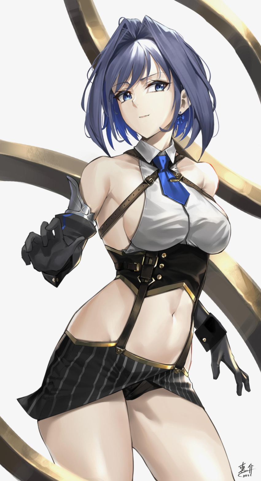 1girl absurdres bangs bare_shoulders black_gloves black_panties black_skirt blue_eyes blue_hair blue_necktie bow bow_earrings breasts closed_mouth collared_shirt colored_inner_hair cowboy_shot crop_top earrings eyebrows_visible_through_hair gloves hair_intakes highres hololive hololive_english jewelry keisuke_desu~ large_breasts midriff multicolored_hair navel necktie ouro_kronii panties shirt short_hair sideboob simple_background skirt sleeveless sleeveless_shirt solo standing underwear white_background white_shirt