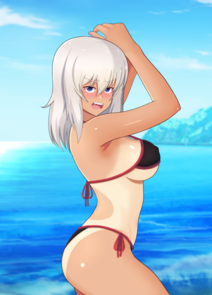 1girl absurdres arms_up bangs bikini black_bikini blue_eyes blue_sky blurry blurry_background blush breasts cowboy_shot day depth_of_field eyebrows_visible_through_hair from_side frown girls_und_panzer grey_hair halterneck highres horizon iteza_(flapper_girl_25) itsumi_erika looking_at_viewer medium_breasts medium_hair ocean one-piece_tan open_mouth outdoors shore side-tie_bikini sky solo standing string_bikini swimsuit tan tanlines