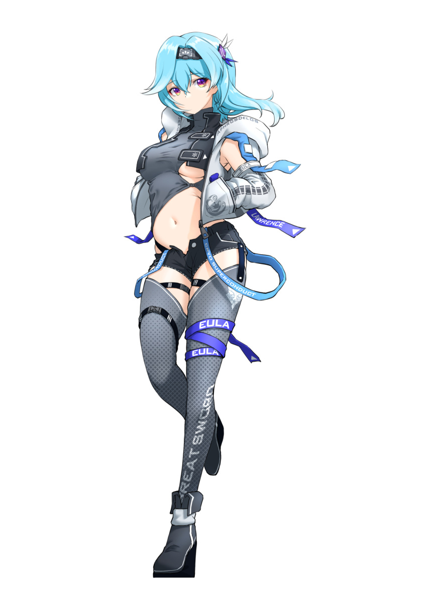 1girl ankle_boots black_footwear black_hairband black_shorts blue_hair boots breasts character_name chinese_commentary clothes_writing clothing_cutout commentary_request crop_top eula_(genshin_impact) full_body genshin_impact grey_jacket grey_legwear grey_shirt hair_ornament hairband hands_in_pockets highres jacket long_hair long_sleeves looking_at_viewer medium_breasts navel no_mouth open_clothes open_fly open_jacket open_shorts royboy shirt short_shorts shorts skindentation solo stomach thigh-highs thong under_boob underboob_cutout violet_eyes walking