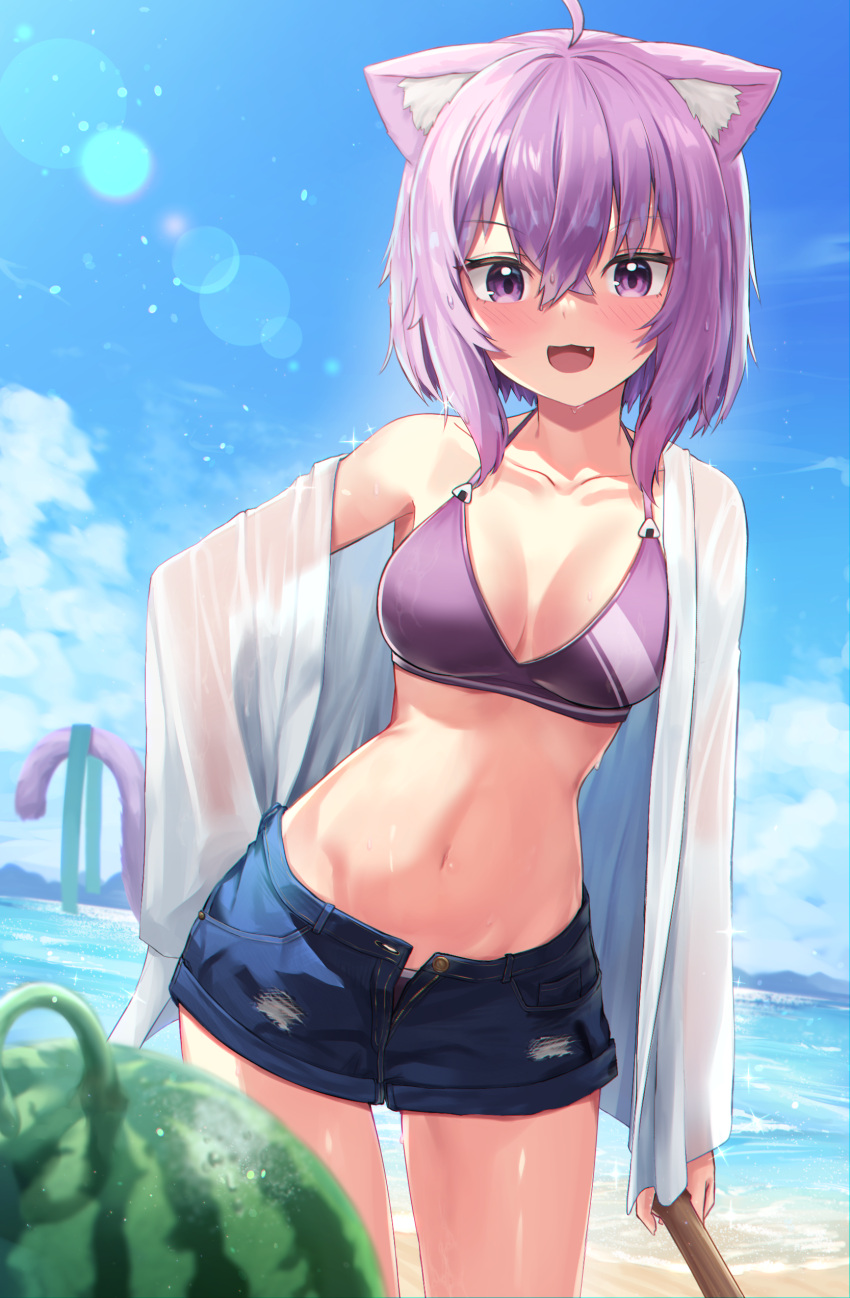 1girl absurdres ahoge animal_ears beach bikini bikini_top_only blue_shorts blue_sky breasts cat_ears cat_tail clouds collarbone commentary day eyebrows_visible_through_hair food fruit hair_between_eyes hand_on_hip highres hololive looking_at_viewer medium_breasts navel nekomata_okayu ocean open_mouth purple_bikini short_hair shorts sky smile solo swimsuit tail unbuttoned unbuttoned_shorts violet_eyes virtual_youtuber watermelon woogi_(duguddnr)