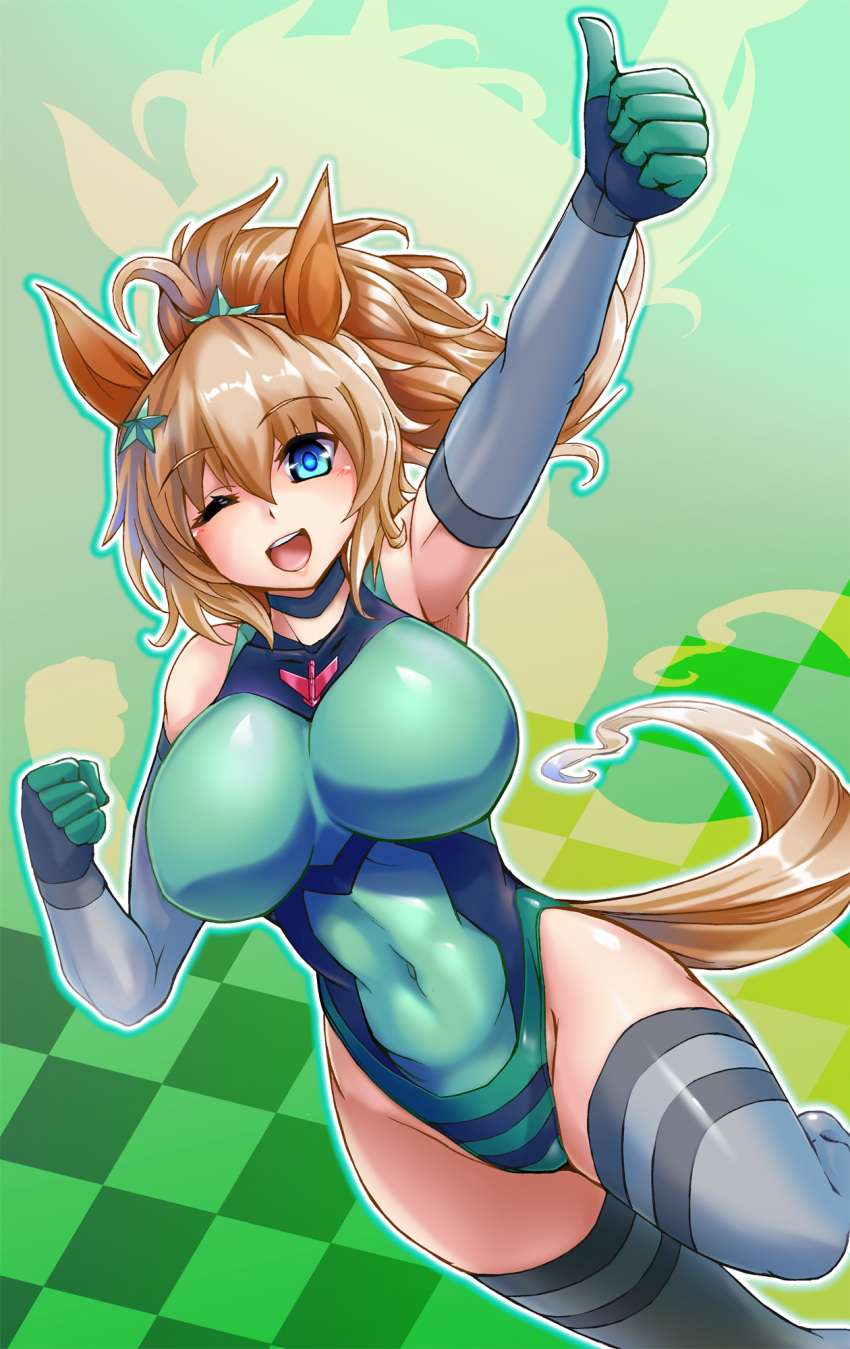 1girl akatsuki_kirika akatsuki_kirika_(cosplay) animal_ears blue_eyes blush breasts cosplay covered_navel elbow_gloves gloves green_eyes green_leotard hair_ornament highres horse_ears horse_girl horse_tail impossible_clothes impossible_leotard kiyukisuke large_breasts leotard light_brown_hair medium_hair one_eye_closed open_mouth ponytail senki_zesshou_symphogear shiny shiny_clothes shiny_hair shiny_skin skin_tight smile solo star_(symbol) star_hair_ornament striped striped_legwear taiki_shuttle_(umamusume) tail thigh-highs umamusume