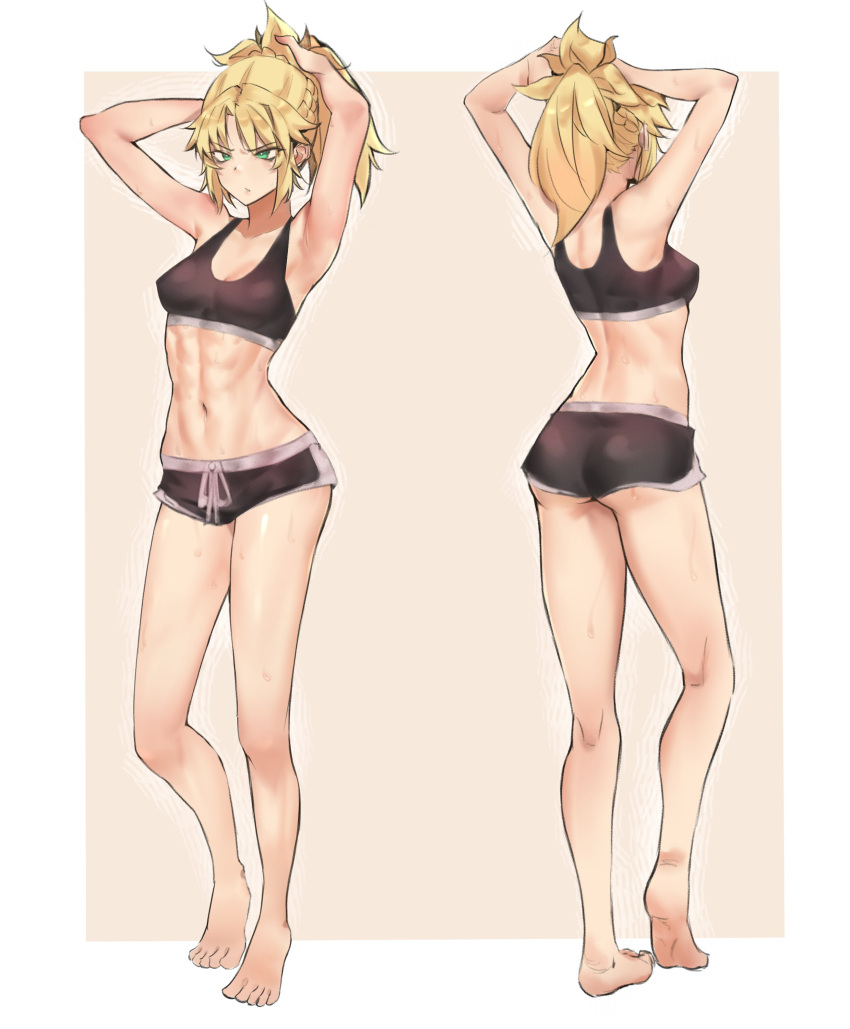 1girl abs absurdres adjusting_hair alternate_costume angry armpits arms_behind_head ass blonde_hair border braid breasts brown_background deccatezu fate/grand_order fate_(series) french_braid frown green_eyes heel_up highres mordred_(fate) multiple_views navel outside_border ponytail short_shorts shorts small_breasts solo sports_bra sweat thighs white_border