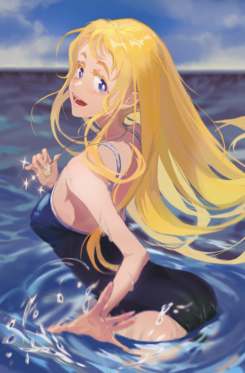 1girl absurdres blonde_hair blue_eyes blue_sky blue_swimsuit clouds competition_school_swimsuit cowboy_shot day highres horizon kofune_ushio kushou_(kushou7) long_hair looking_at_viewer outdoors partially_submerged school_swimsuit sky solo summertime_render swimsuit