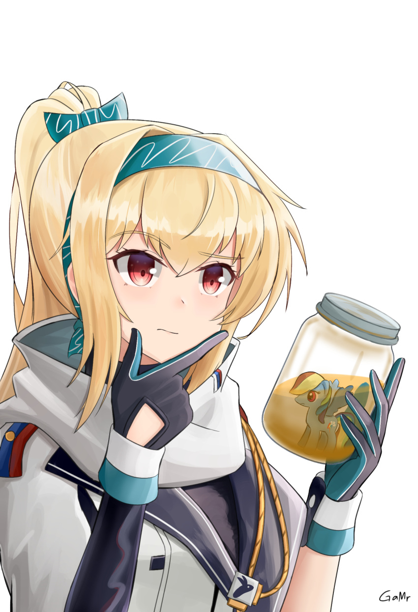 1girl artist_name bangs black_gloves blonde_hair closed_mouth collapse_fluid_(girls'_frontline) cumjar_(meme) english_commentary eyebrows_visible_through_hair figure finger_to_own_chin gamryous girls_frontline gloves green_hairband green_ribbon hair_ribbon hairband high_ponytail highres holding holding_jar jacket jar long_hair looking_at_object meme my_little_pony my_little_pony_friendship_is_magic ponytail rainbow_dash red_eyes ribbon solo sv-98_(girls'_frontline) thinking upper_body white_background white_jacket