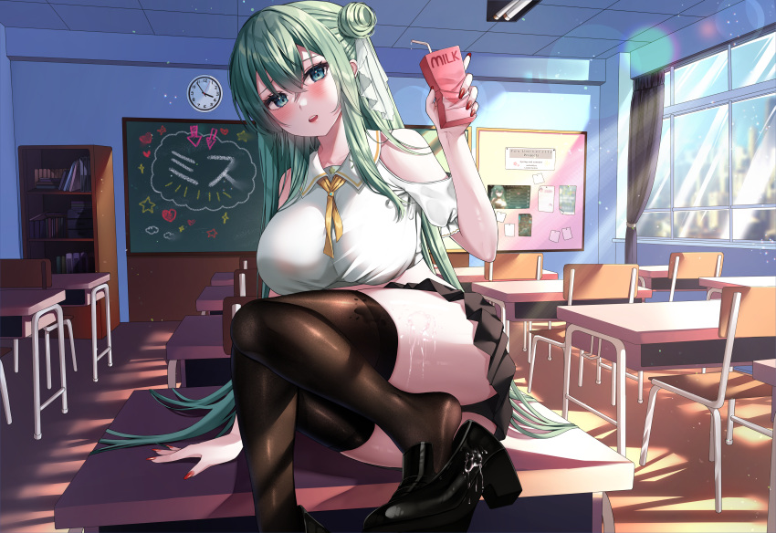 1girl absurdres ass bare_shoulders black_footwear black_panties black_skirt breasts brown_legwear classroom clothing_cutout collared_shirt commission crop_top desk fine_fabric_emphasis green_eyes green_hair hair_bun highres holding indie_virtual_youtuber indoors large_breasts long_hair looking_at_viewer midriff milk_carton miniskirt misu_(vtuber) neck_ribbon open_mouth panties pleated_skirt ribbon school_desk shirt shoe_dangle shoes short_sleeves shoulder_cutout side_bun sidelocks skirt solo thigh-highs thighs underwear very_long_hair virtual_youtuber vitaminechan wet white_shirt