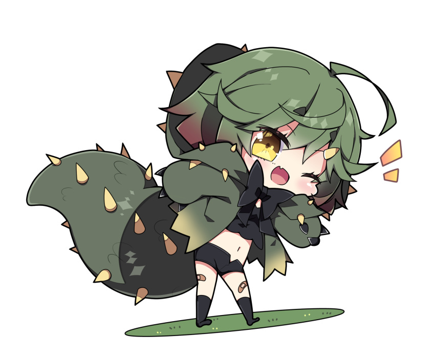 1girl ;d ahoge bandaid bandaid_on_leg bangs black_bow black_legwear black_shirt black_shorts blush bow brown_eyes chibi commentary_request crop_top deviljho eyebrows_visible_through_hair fang full_body green_hair green_jacket hair_between_eyes hair_ornament hairclip highres hood hood_up hooded_jacket jacket looking_at_viewer midriff milkpanda monster_hunter_(series) navel no_shoes notice_lines one_eye_closed open_clothes open_jacket personification shirt short_eyebrows short_shorts shorts smile socks solo spiked_tail spikes standing tail thick_eyebrows white_background