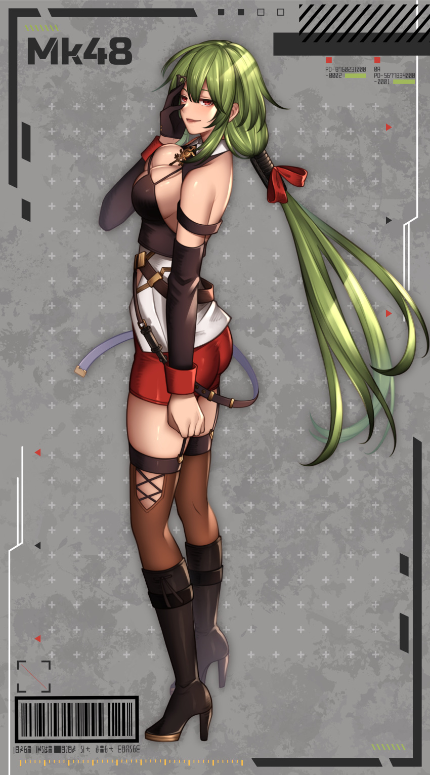 1girl absurdres annno_ans back bangs barcode bare_shoulders black_footwear black_gloves black_legwear blush boots breasts character_name commentary commission crop_top eyebrows_visible_through_hair full_body girls_frontline gloves green_hair hair_ornament hairclip hand_on_own_face high_heel_boots high_heels highres large_breasts legs long_hair looking_at_viewer looking_to_the_side mk48_(girls'_frontline) open_mouth parted_lips ponytail red_eyes red_shorts shorts sideboob simple_background single_glove skeb_commission sleeveless smirk solo standing thigh-highs