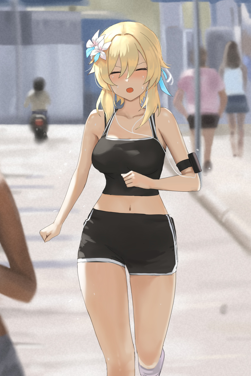 1girl absurdres arm_strap bangs bare_shoulders black_shorts blonde_hair blush breasts closed_eyes collarbone day dolri earphones facing_viewer feet_out_of_frame flower genshin_impact hair_over_one_eye highres lumine_(genshin_impact) medium_breasts midriff navel open_mouth outdoors people road running short_hair_with_long_locks shorts sidelocks solo_focus sports_bra street sunlight sweat v-shaped_eyebrows white_flower