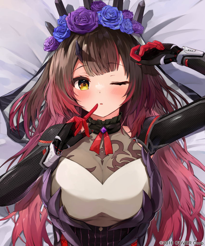 1girl ;o arm_up bed_sheet black_gloves blue_flower blue_rose breasts brown_hair commentary_request dakimakura_(medium) flower gloves gradient_hair hair_flower hair_ornament highres hololive large_breasts long_hair long_sleeves looking_at_viewer lying multicolored_hair official_art on_back one_eye_closed parted_lips purple_flower purple_rose racchi. redhead roboco-san rose solo upper_body watermark yellow_eyes