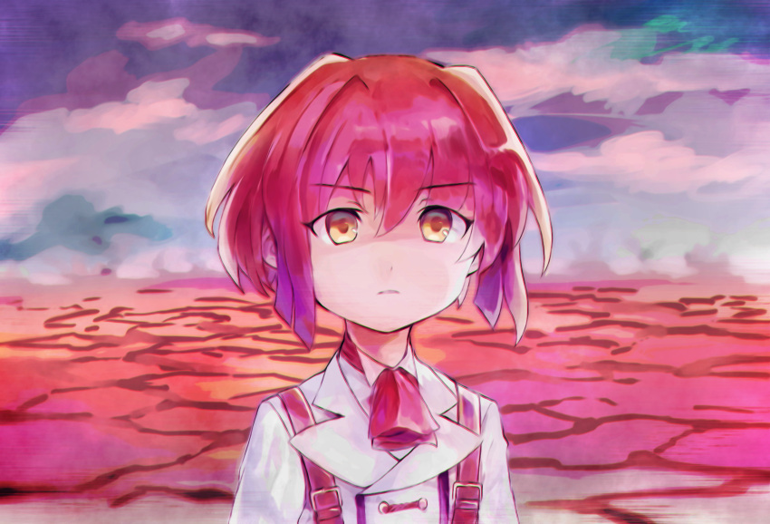 1boy ascot belt blurry blurry_background chromatic_aberration ciconia_no_naku_koro_ni clouds cracked_floor expressionless glass highres hinamikan mitake_miyao redhead short_hair smoke thousand_yard_stare upper_body wasteland watercolor_effect yellow_eyes