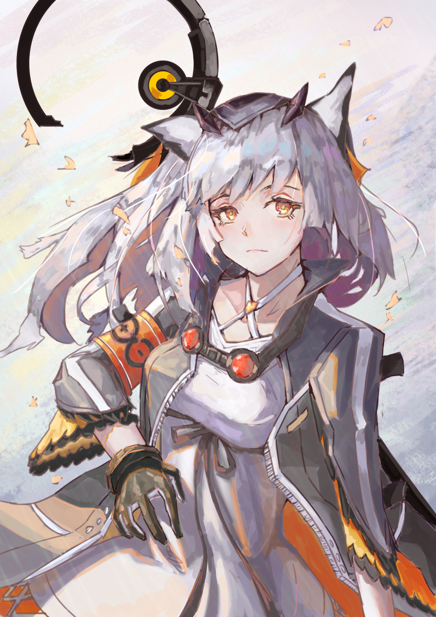 1girl absurdres arknights black_ribbon bright_pupils coat dress frown gloves goggles goggles_around_neck highres holding holding_staff open_clothes open_coat orange_eyes owl_ears ptilopsis_(arknights) ribbon solo staff ten-u upper_body white_dress white_hair white_pupils
