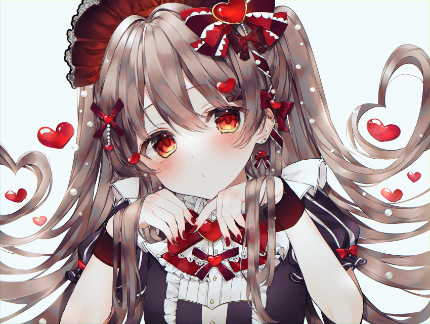 1girl absurdres bangs blush bow bowtie earrings frilled_shirt frills hair_between_eyes hair_bow hair_ornament hat heart highres jewelry light_brown_hair long_hair nail_polish original red_bow red_bowtie red_eyes red_headwear red_nails shirt short_sleeves simple_background solo wako_morino white_background x_hair_ornament