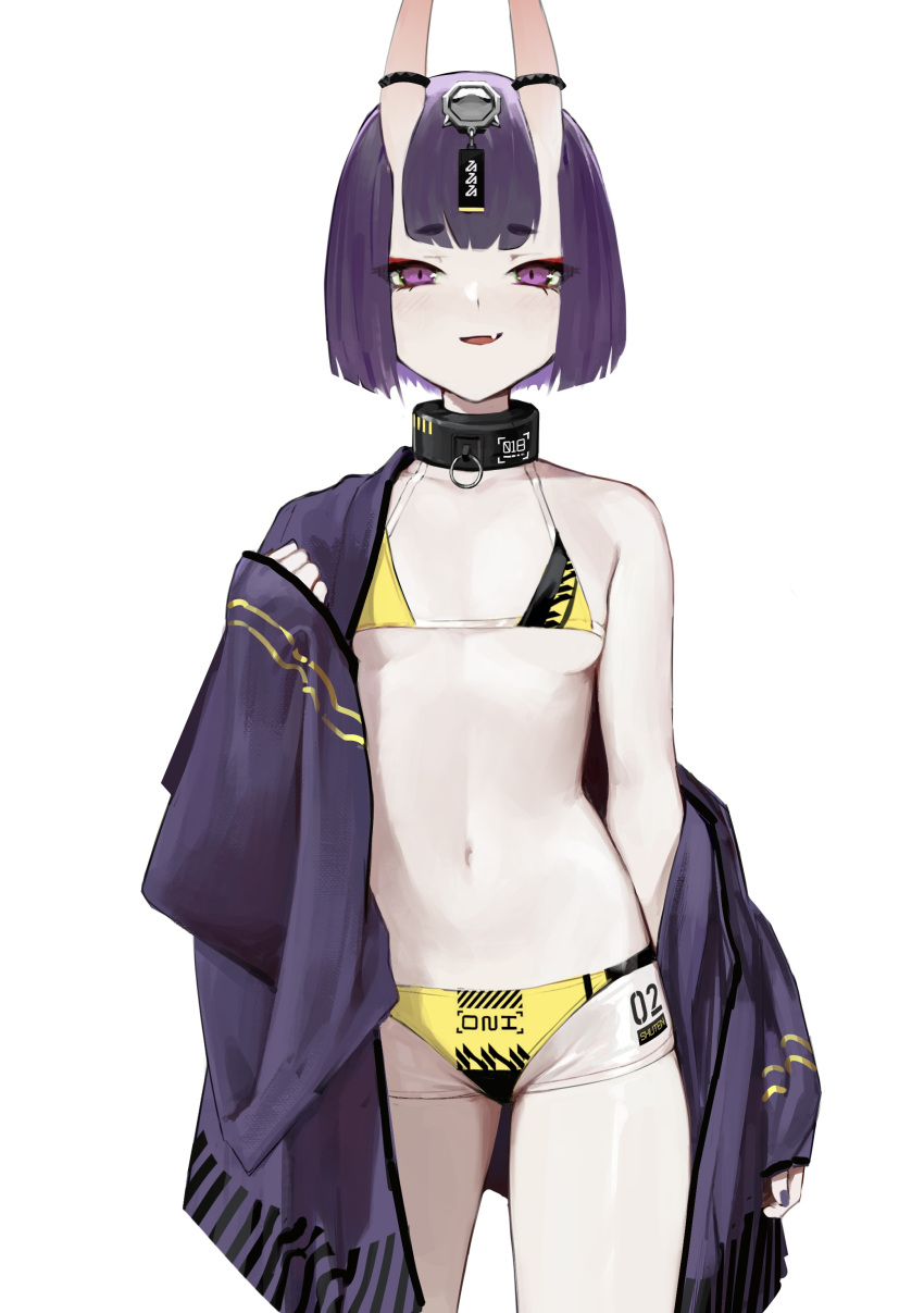 1girl absurdres bikini blush bob_cut breasts collar collarbone eyebrows_visible_through_hair fang fate/grand_order fate_(series) hair_ornament hand_up highres horn_ornament horns looking_at_viewer off_shoulder oni oni_horns purple_hair see-through short_hair shuten_douji_(fate) simple_background skin-covered_horns skin_fang small_breasts smile smug string_bikini swimsuit swimsuit_under_clothes vertigris violet_eyes white_background