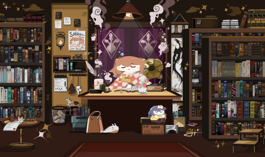 1girl :d absurdres apron bag bell blush book bookmark bookshelf bookstore box brush bucket calendar_(object) calligraphy_brush carpet cat ceiling_light character_doll character_name checkered_clothes checkered_kimono closed_eyes clothes_rack clothes_writing cup desk fire flame forbidden_scrollery futatsuiwa_mamizou futatsuiwa_mamizou_(tanuki) gloves hair_bell hair_ornament handbag hieda_no_akyuu highres indoors ink ink_stamp japanese_clothes kimono ladder lantern minecraft motoori_kosuzu note open_book open_mouth orange_hair paintbrush paper_stack pen phonograph poster_(object) pot quill saucer scroll shop signature sleep_bubble slug smile sparkle steam stepladder table teacup thatpebble touhou trash trash_can tsukumogami twintails vase wax_seal white_gloves yellow_apron