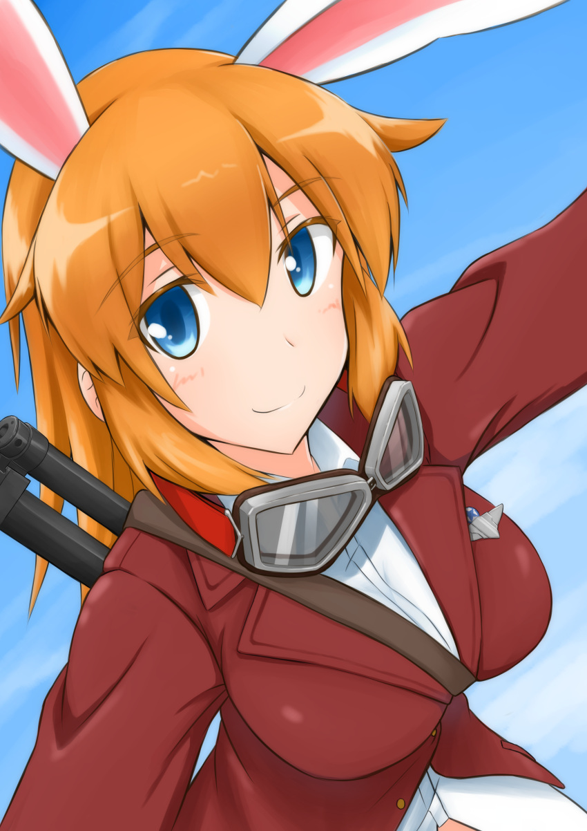 1girl absurdres animal_ears blue_eyes blush breasts charlotte_e._yeager closed_mouth eyebrows_visible_through_hair goggles gun highres kukoroko large_breasts looking_at_viewer rabbit_ears rifle sky smile solo strike_witches upper_body weapon weapon_on_back world_witches_series