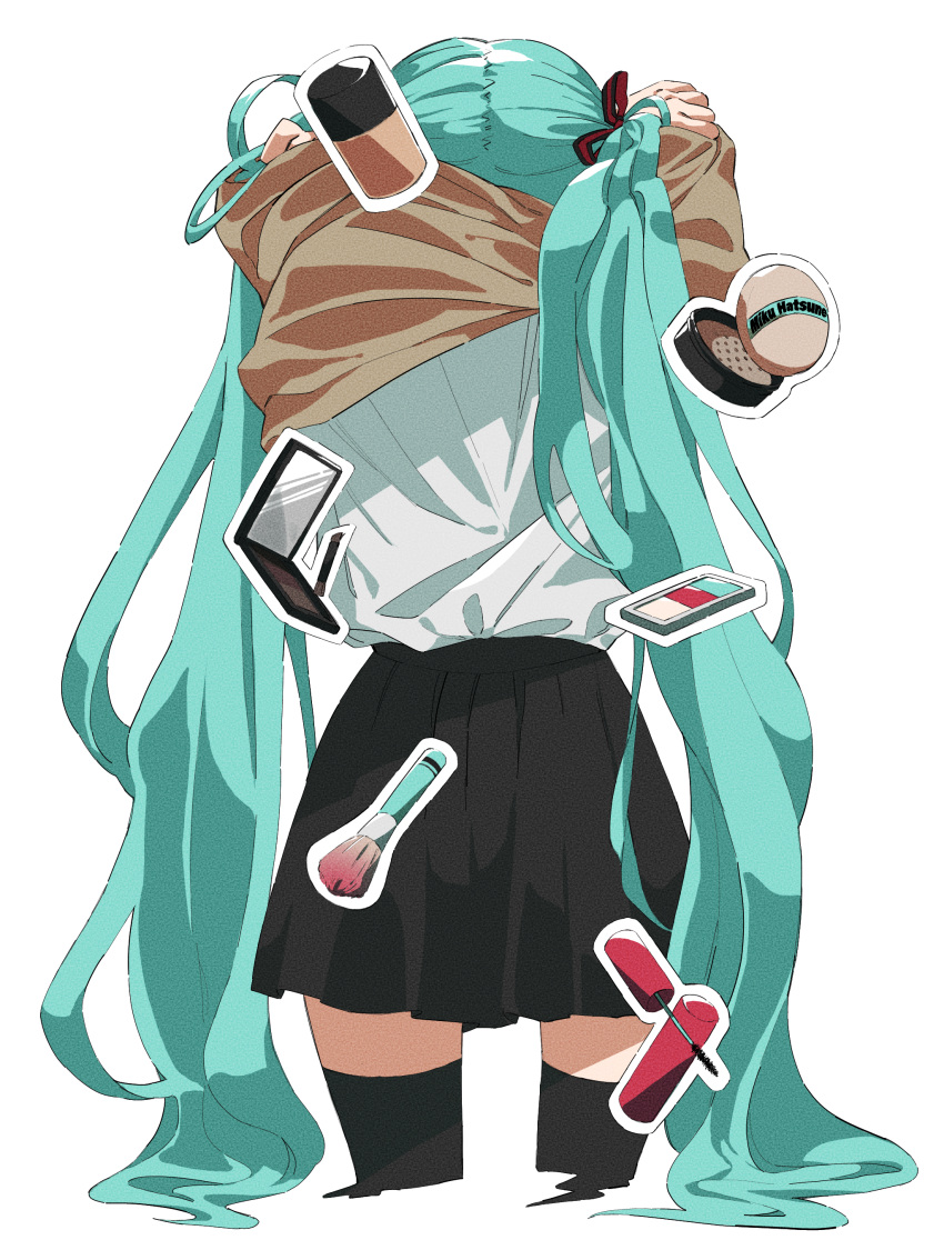 1girl 999ool absurdres arms_up blue_hair container cosmetics cropped_legs from_behind hair_ribbon hatsune_miku highres long_hair makeup makeup_brush mascara mirror pleated_skirt powder_puff removing_jacket ribbon school_uniform shirt_tucked_in skirt solo thigh-highs twintails very_long_hair vocaloid