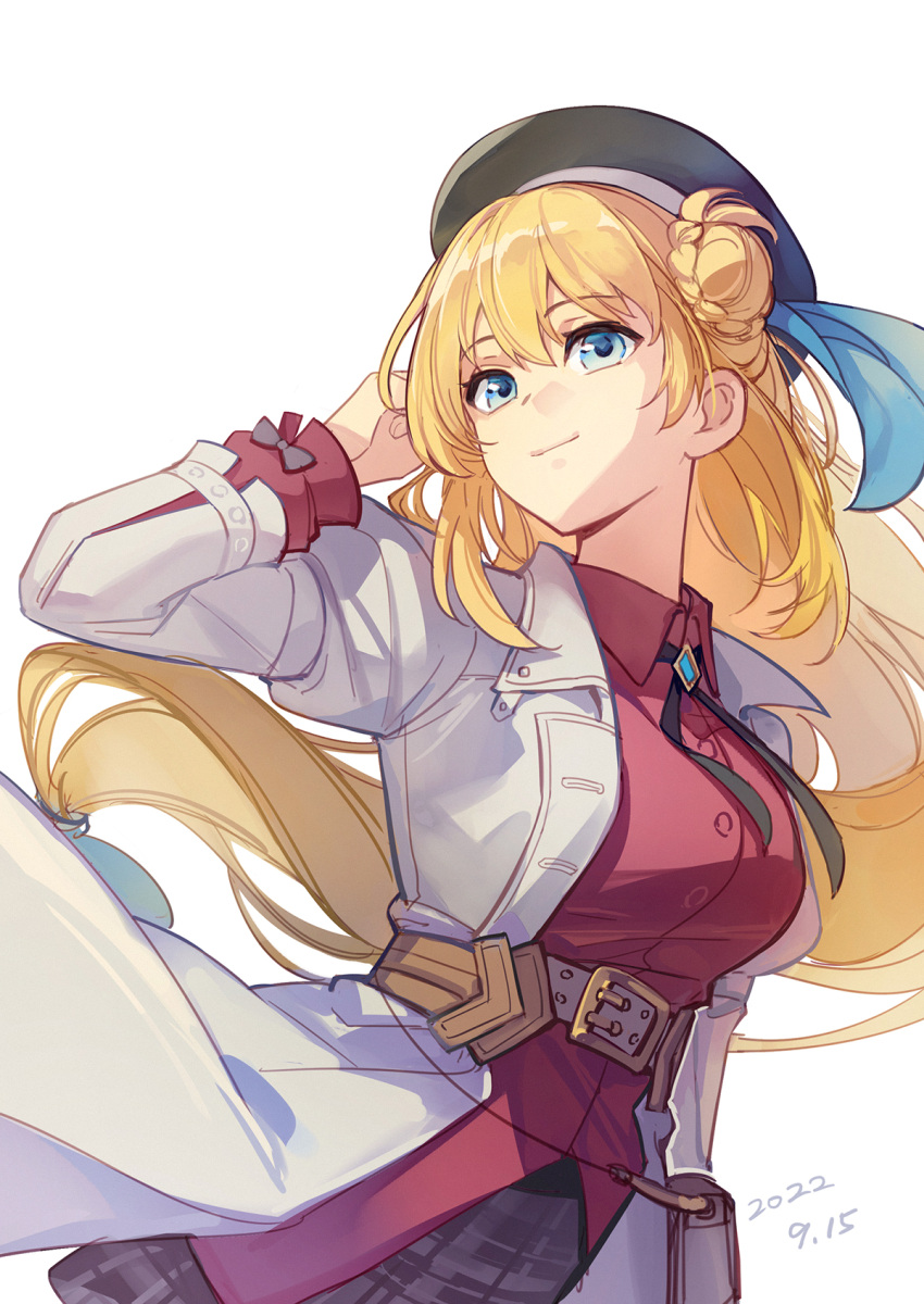 1girl agnes_claudel belt belt_pouch beret black_headwear black_ribbon black_skirt blonde_hair blue_eyes braid braided_bun breasts chinese_commentary closed_mouth coat collared_shirt cowboy_shot dated eiyuu_densetsu feng_you floating_hair hair_bun hand_in_own_hair hat highres kuro_no_kiseki kuro_no_kiseki_ii long_hair long_sleeves medium_breasts miniskirt neck_ribbon open_clothes open_coat plaid plaid_skirt pouch red_shirt ribbon shirt simple_background skirt smile solo standing white_background white_belt white_coat wing_collar