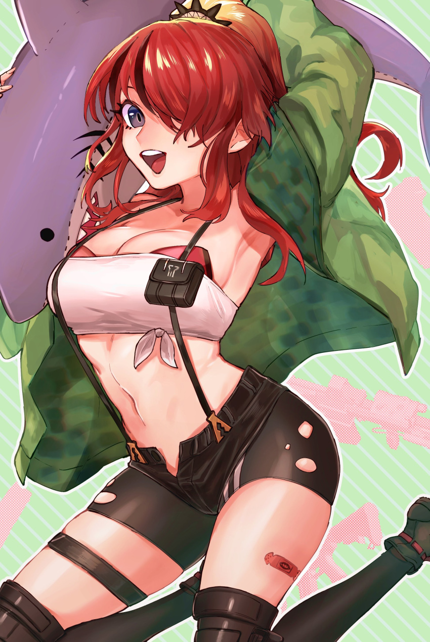 1girl :d absurdres armpits arms_up bandaid bandaid_on_thigh bandeau bangs black_footwear black_hair black_legwear black_shorts commentary_request green_jacket grey_eyes hair_over_one_eye highres jacket lain_paterson long_hair long_sleeves looking_at_viewer midriff nankenoseseri navel nijisanji open_clothes open_fly open_jacket open_mouth ponytail pouch redhead short_shorts shorts sidelocks smile solo stomach strapless stuffed_animal stuffed_shark stuffed_toy suspenders thigh-highs thigh_strap thighs tube_top