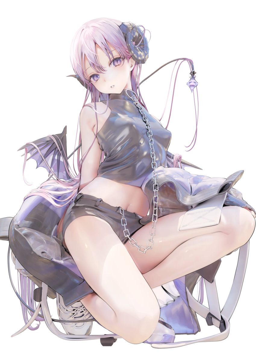1girl absurdres bangs bare_legs bare_shoulders blush breasts chain crop_top demon_tail demon_wings full_body grey_shirt grey_shorts hair_between_eyes highres jacket jima long_hair looking_at_viewer medium_breasts midriff navel off_shoulder one_knee open_clothes open_jacket original parted_lips purple_hair shirt shoes short_shorts shorts simple_background sleeveless sleeveless_shirt solo tail tail_raised very_long_hair violet_eyes white_background white_footwear wings