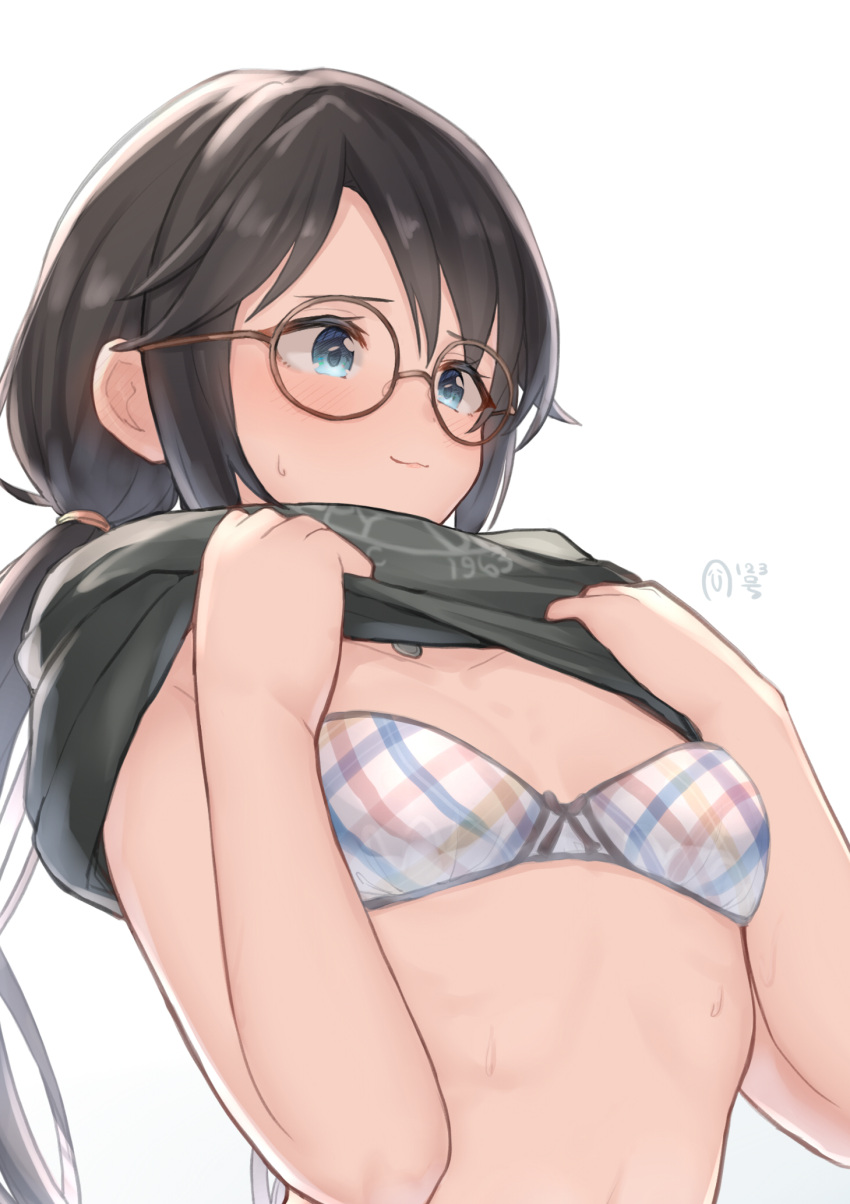 1girl aqua_eyes black_hair black_shirt blush bra breasts brown-framed_eyewear clothes_lift collarbone highres idolmaster idolmaster_shiny_colors kijibato_123-gou lifted_by_self light_smile mitsumine_yuika plaid plaid_bra shirt shirt_lift simple_background small_breasts solo sweatdrop twintails underwear upper_body white_background