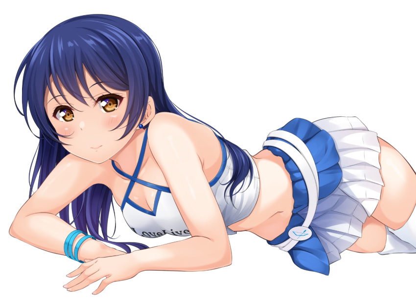 1girl bangs bare_shoulders blue_hair blush cowboy_shot crop_top earrings halterneck hino_minato_(spec.c) jewelry long_hair looking_at_viewer love_live! love_live!_school_idol_project lying navel racequeen simple_background skirt sleeveless smile solo sonoda_umi swept_bangs white_background white_skirt yellow_eyes
