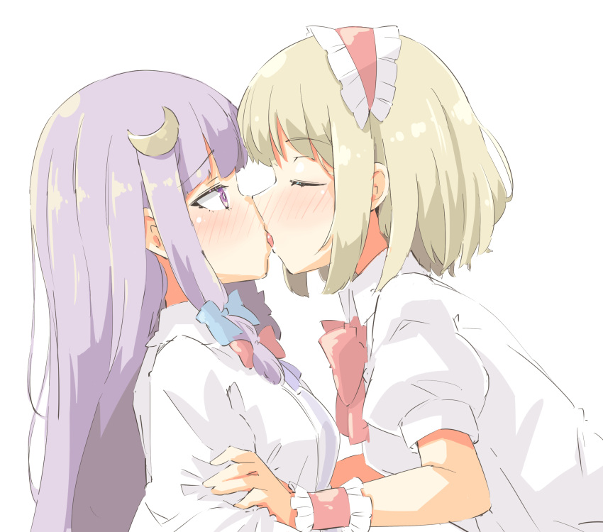 2girls alice_margatroid arnest blonde_hair blush closed_eyes collared_shirt crescent crescent_hair_ornament eyebrows_visible_through_hair french_kiss hair_ornament hairband highres kiss kiss_day lolita_hairband long_hair multiple_girls patchouli_knowledge puffy_short_sleeves puffy_sleeves purple_hair red_hairband shirt short_hair short_sleeves simple_background tongue tongue_out touhou upper_body violet_eyes white_background white_shirt yuri