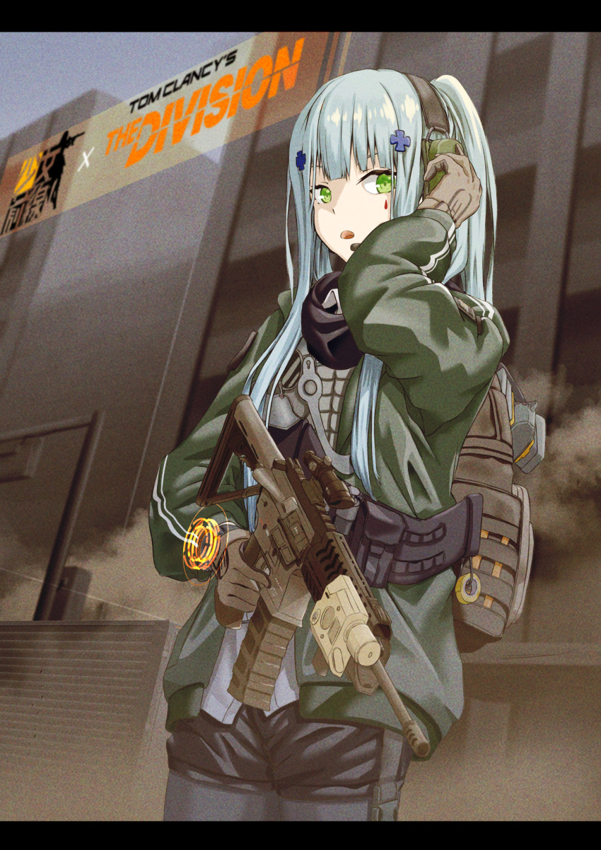 1girl agent_416_(girls'_frontline) assault_rifle backpack bag bangs black_legwear black_scarf black_shorts blue_hair brown_gloves building character_name eyebrows_visible_through_hair feet_out_of_frame flatbox girls_frontline gloves green_eyes green_jacket gun h&amp;k_hk416 hair_ornament hairclip hand_on_headset headset highres hk416_(girls'_frontline) holding holding_gun holding_weapon jacket long_hair long_sleeves looking_at_viewer official_alternate_costume open_clothes open_jacket open_mouth pantyhose rifle scarf shorts solo standing tactical_clothes talking_on_phone teardrop_facial_mark teardrop_tattoo tom_clancy's_the_division weapon