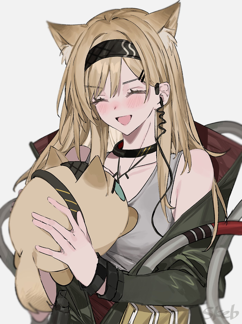 1girl :d ^_^ animal_ear_fluff animal_ears aogisa arknights bangs bare_shoulders black_choker black_hairband black_jacket blonde_hair blush choker closed_eyes commentary_request eyebrows_visible_through_hair grey_background grey_tank_top hairband highres holding holding_stuffed_toy horn_(arknights) jacket long_sleeves open_mouth simple_background smile solo stuffed_animal stuffed_toy tank_top upper_body wolf_ears