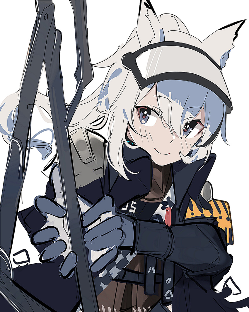1girl animal_ear_fluff animal_ears arknights black_jacket brown_shirt closed_mouth gloves grani_(arknights) grey_eyes grey_gloves grey_hair highres jacket long_hair long_sleeves looking_at_viewer open_clothes open_jacket ponytail shirt simple_background smile solo tetuw upper_body visor white_background